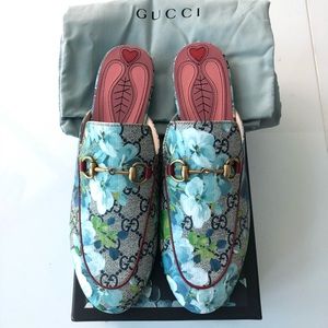 Womens 37.5 Gucci Blue Blooms Princetown Slipper